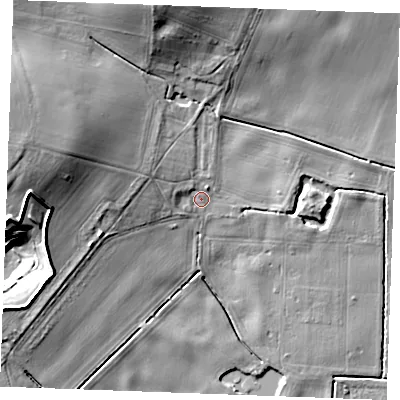 Shaded relief map of the ground around PE321NH, computed from Environment Agency LiDAR. The ground here sits at about 10 m above sea level and falls 22 m across the surrounding 800 m. Surface water reaching this point runs off ground lying to the west-north-west, 4.7 m higher.