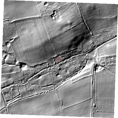 Shaded relief map of the ground around PE321PN, computed from Environment Agency LiDAR. The ground here sits at about 23 m above sea level and falls 12 m across the surrounding 800 m. Surface water reaching this point runs off ground lying to the north-north-east, 9.9 m higher.