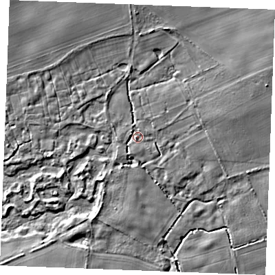Shaded relief map of the ground around PE321PS, computed from Environment Agency LiDAR. The ground here sits at about 17 m above sea level and falls 8 m across the surrounding 800 m. Surface water reaching this point runs off ground lying to the east-north-east, 2.7 m higher.