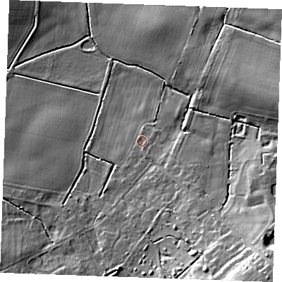 Shaded relief map of the ground around PE321RS, computed from Environment Agency LiDAR. The ground here sits at about 5 m above sea level and falls 22 m across the surrounding 800 m. Surface water reaching this point runs off ground lying to the south-east, 2.3 m higher.