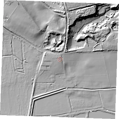 Shaded relief map of the ground around PE321SQ, computed from Environment Agency LiDAR. The ground here sits at about 13 m above sea level and falls 37 m across the surrounding 800 m. Surface water reaching this point runs off ground lying to the north, 3.6 m higher.