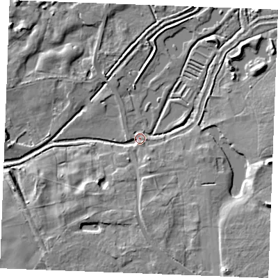 Shaded relief map of the ground around PE321TE, computed from Environment Agency LiDAR. The ground here sits at about 10 m above sea level and falls 11 m across the surrounding 800 m. Surface water reaching this point runs off ground lying to the south-south-east, 8.6 m higher.