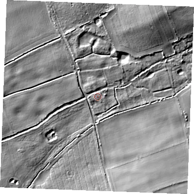Shaded relief map of the ground around PE321WL, computed from Environment Agency LiDAR. The ground here sits at about 22 m above sea level and falls 12 m across the surrounding 800 m. Surface water reaching this point runs off ground lying to the north-north-east, 1.8 m higher.
