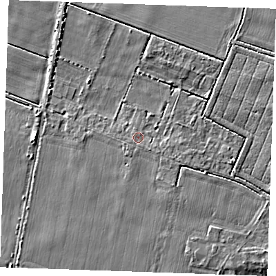 Shaded relief map of the ground around PE330AA, computed from Environment Agency LiDAR. The ground here sits at about 4 m above sea level and falls 5 m across the surrounding 800 m. Surface water reaching this point runs off ground lying to the south-east, 1.3 m higher.