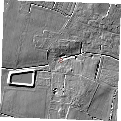 Shaded relief map of the ground around PE330AD, computed from Environment Agency LiDAR. The ground here sits at about 4 m above sea level and falls 8 m across the surrounding 800 m. Surface water reaching this point runs off ground lying to the south-east, 6.8 m higher.