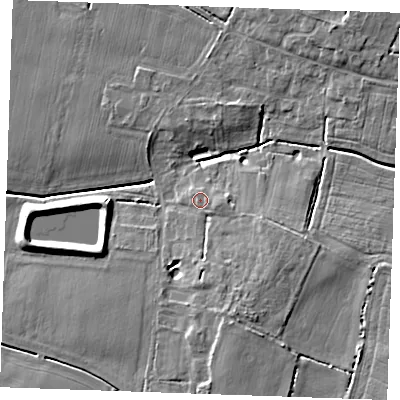 Shaded relief map of the ground around PE330AF, computed from Environment Agency LiDAR. The ground here sits at about 5 m above sea level and falls 8 m across the surrounding 800 m. Surface water reaching this point runs off ground lying to the east-south-east, 1.6 m higher.