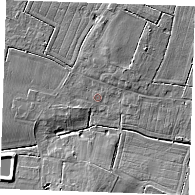 Shaded relief map of the ground around PE330AH, computed from Environment Agency LiDAR. The ground here sits at about 4 m above sea level and falls 8 m across the surrounding 800 m. Surface water reaching this point runs off ground lying to the west-south-west, 2.2 m higher.