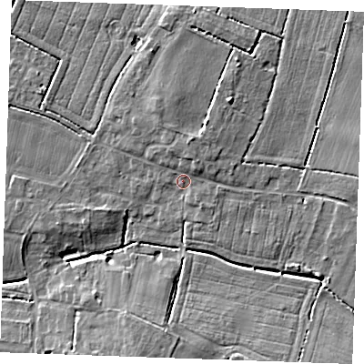Shaded relief map of the ground around PE330AQ, computed from Environment Agency LiDAR. The ground here sits at about 5 m above sea level and falls 8 m across the surrounding 800 m. Surface water reaching this point runs off ground lying to the east, 3.4 m higher.