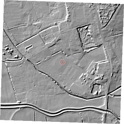 Shaded relief map of the ground around PE330AX, computed from Environment Agency LiDAR. The ground here sits at about 2 m above sea level and falls 11 m across the surrounding 800 m. The ground contributing surface water to this point lies to the north.