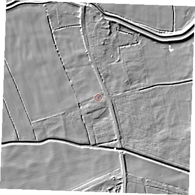 Shaded relief map of the ground around PE330AZ, computed from Environment Agency LiDAR. The ground here sits at about 2 m above sea level and falls 6 m across the surrounding 800 m. Surface water reaching this point runs off ground lying to the east-north-east, 1.0 m higher.