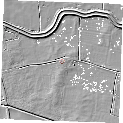 Shaded relief map of the ground around PE330BA, computed from Environment Agency LiDAR. The ground here sits at about 2 m above sea level and falls 6 m across the surrounding 800 m. Surface water reaching this point runs off ground lying to the east-north-east, 2.6 m higher.