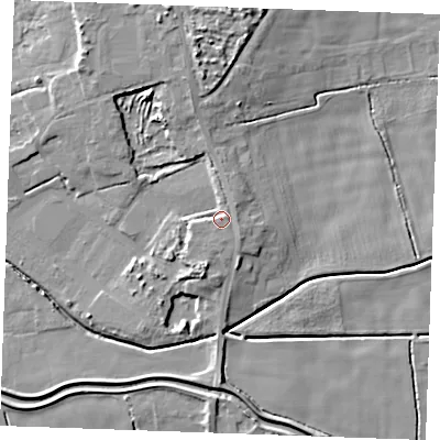 Shaded relief map of the ground around PE330BD, computed from Environment Agency LiDAR. The ground here sits at about 6 m above sea level and falls 11 m across the surrounding 800 m. Surface water reaching this point runs off ground lying to the south-east, 0.6 m higher.
