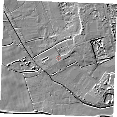 Shaded relief map of the ground around PE330BE, computed from Environment Agency LiDAR. The ground here sits at about 4 m above sea level and falls 11 m across the surrounding 800 m. Surface water reaching this point runs off ground lying to the east-north-east, 1.3 m higher.