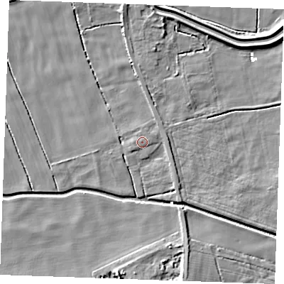 Shaded relief map of the ground around PE330BF, computed from Environment Agency LiDAR. The ground here sits at about 2 m above sea level and falls 7 m across the surrounding 800 m. Surface water reaching this point runs off ground lying to the east-north-east, 0.6 m higher.