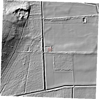 Shaded relief map of the ground around PE330DH, computed from Environment Agency LiDAR. The ground here sits at about 4 m above sea level and falls 18 m across the surrounding 800 m. Surface water reaching this point runs off ground lying to the south-south-east, 1.6 m higher.