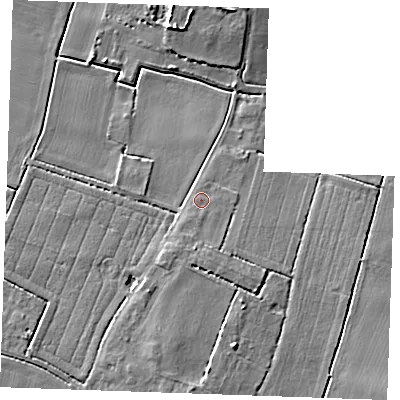 Shaded relief map of the ground around PE330EJ, computed from Environment Agency LiDAR. The ground here sits at about 6 m above sea level and falls 8 m across the surrounding 800 m. Surface water reaching this point runs off ground lying to the south, 2.2 m higher.