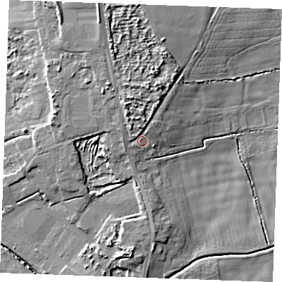 Shaded relief map of the ground around PE330FB, computed from Environment Agency LiDAR. The ground here sits at about 6 m above sea level and falls 12 m across the surrounding 800 m. Surface water reaching this point runs off ground lying to the north-north-west, 5.6 m higher.