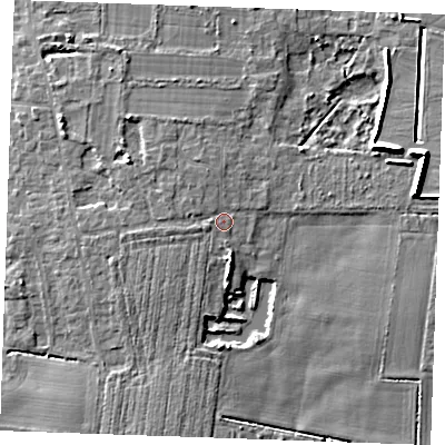 Shaded relief map of the ground around PE330HL, computed from Environment Agency LiDAR. The ground here sits at about 9 m above sea level and falls 10 m across the surrounding 800 m. Surface water reaching this point runs off ground lying to the west-north-west, 0.9 m higher.