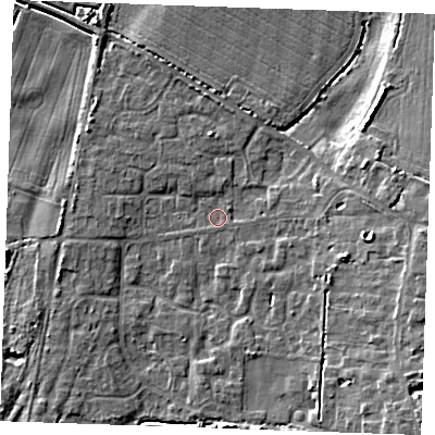 Shaded relief map of the ground around PE330JF, computed from Environment Agency LiDAR. The ground here sits at about 2 m above sea level and falls 9 m across the surrounding 800 m. Surface water reaching this point runs off ground lying to the east, 6.4 m higher.