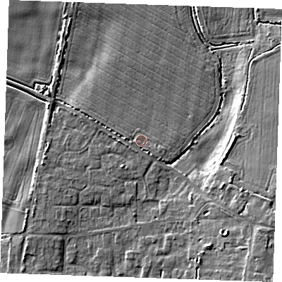 Shaded relief map of the ground around PE330JW, computed from Environment Agency LiDAR. The ground here sits at about 3 m above sea level and falls 9 m across the surrounding 800 m. Surface water reaching this point runs off ground lying to the east-south-east, 1.0 m higher.