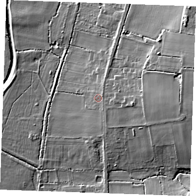 Shaded relief map of the ground around PE330LW, computed from Environment Agency LiDAR. The ground here sits at about 8 m above sea level and falls 17 m across the surrounding 800 m. Surface water reaching this point runs off ground lying to the east-south-east, 1.0 m higher.