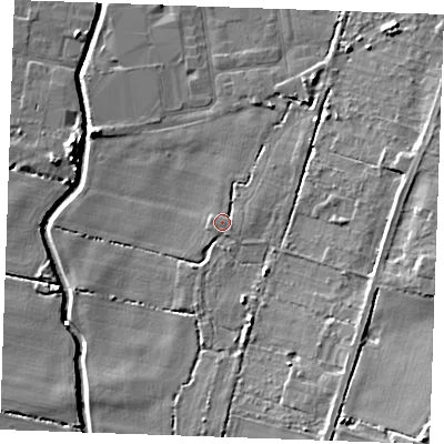 Shaded relief map of the ground around PE330NA, computed from Environment Agency LiDAR. The ground here sits at about 3 m above sea level and falls 14 m across the surrounding 800 m. Surface water reaching this point runs off ground lying to the east-south-east, 1.5 m higher.
