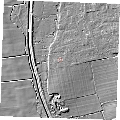 Shaded relief map of the ground around PE330PX, computed from Environment Agency LiDAR. The ground here sits at about 5 m above sea level and falls 11 m across the surrounding 800 m. Surface water reaching this point runs off ground lying to the east, 2.2 m higher.