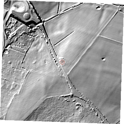 Shaded relief map of the ground around PE330QP, computed from Environment Agency LiDAR. The ground here sits at about 12 m above sea level and falls 16 m across the surrounding 800 m. Surface water reaching this point runs off ground lying to the south-south-east, 4.7 m higher.
