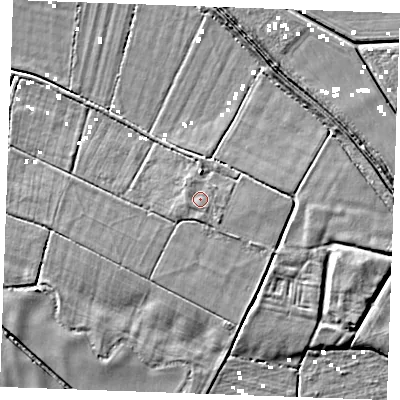 Shaded relief map of the ground around PE330RP, computed from Environment Agency LiDAR. The ground here sits at about 2 m above sea level and falls 6 m across the surrounding 800 m. Surface water reaching this point runs off ground lying to the west-south-west, 0.8 m higher.