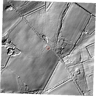 Shaded relief map of the ground around PE330RW, computed from Environment Agency LiDAR. The ground here sits at about 6 m above sea level and falls 13 m across the surrounding 800 m. Surface water reaching this point runs off ground lying to the south-west, 1.0 m higher.