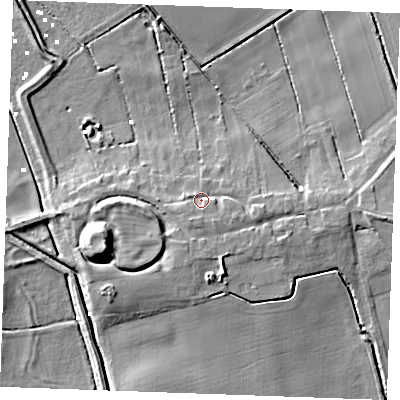 Shaded relief map of the ground around PE330SF, computed from Environment Agency LiDAR. The ground here sits at about 4 m above sea level and falls 12 m across the surrounding 800 m. Surface water reaching this point runs off ground lying to the south-south-west, 3.0 m higher.