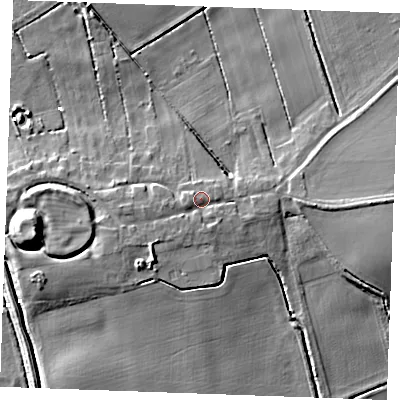 Shaded relief map of the ground around PE330SG, computed from Environment Agency LiDAR. The ground here sits at about 5 m above sea level and falls 12 m across the surrounding 800 m. Surface water reaching this point runs off ground lying to the west, 2.0 m higher.