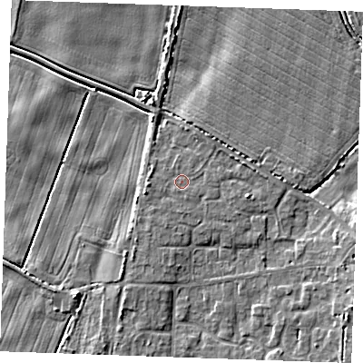 Shaded relief map of the ground around PE330TL, computed from Environment Agency LiDAR. The ground here sits at about 3 m above sea level and falls 6 m across the surrounding 800 m. Surface water reaching this point runs off ground lying to the west, 1.0 m higher.