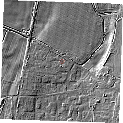 Shaded relief map of the ground around PE330TT, computed from Environment Agency LiDAR. The ground here sits at about 2 m above sea level and falls 9 m across the surrounding 800 m. Surface water reaching this point runs off ground lying to the south, 1.6 m higher.