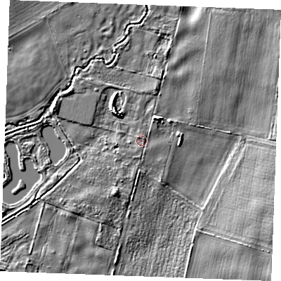Shaded relief map of the ground around PE339BN, computed from Environment Agency LiDAR. The ground here sits at about 9 m above sea level and falls 5 m across the surrounding 800 m. Surface water reaching this point runs off ground lying to the north-east, 2.3 m higher.