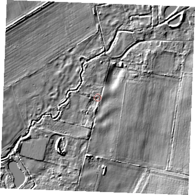 Shaded relief map of the ground around PE339BW, computed from Environment Agency LiDAR. The ground here sits at about 9 m above sea level and falls 5 m across the surrounding 800 m. Surface water reaching this point runs off ground lying to the south, 1.4 m higher.