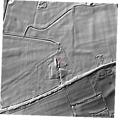 Shaded relief map of the ground around PE339FJ, computed from Environment Agency LiDAR. The ground here sits at about 36 m above sea level and falls 10 m across the surrounding 800 m. Surface water reaching this point runs off ground lying to the south-west, 2.6 m higher.