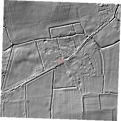 Shaded relief map of the ground around PE339HF, computed from Environment Agency LiDAR. The ground here sits at about 15 m above sea level and falls 9 m across the surrounding 800 m. Surface water reaching this point runs off ground lying to the south-west, 6.0 m higher.