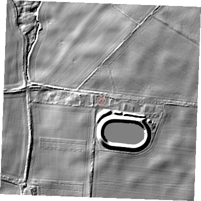 Shaded relief map of the ground around PE339JS, computed from Environment Agency LiDAR. The ground here sits at about 14 m above sea level and falls 14 m across the surrounding 800 m. Surface water reaching this point runs off ground lying to the east-south-east, 6.5 m higher.