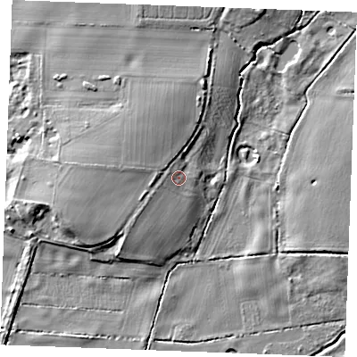 Shaded relief map of the ground around PE339PT, computed from Environment Agency LiDAR. The ground here sits at about 7 m above sea level and falls 9 m across the surrounding 800 m. Surface water reaching this point runs off ground lying to the west-north-west, 1.9 m higher.