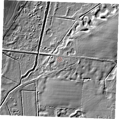 Shaded relief map of the ground around PE339QH, computed from Environment Agency LiDAR. The ground here sits at about 7 m above sea level and falls 12 m across the surrounding 800 m. Surface water reaching this point runs off ground lying to the east, 2.0 m higher.