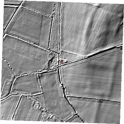 Shaded relief map of the ground around PE339RJ, computed from Environment Agency LiDAR. The ground here sits at about 7 m above sea level and falls 8 m across the surrounding 800 m. Surface water reaching this point runs off ground lying to the east-north-east, 3.2 m higher.