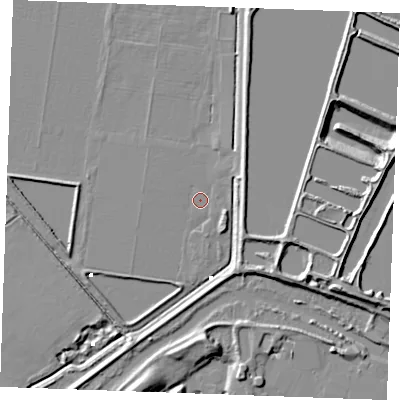 Shaded relief map of the ground around PE339RU, computed from Environment Agency LiDAR. The ground here sits at about 1 m above sea level and falls 13 m across the surrounding 800 m. Surface water reaching this point runs off ground lying to the north-north-east, 6.1 m higher.