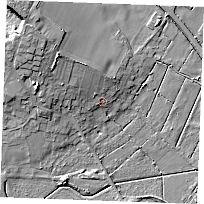 Shaded relief map of the ground around PE339SY, computed from Environment Agency LiDAR. The ground here sits at about 6 m above sea level and falls 19 m across the surrounding 800 m. Surface water reaching this point runs off ground lying to the north-north-west, 4.9 m higher.