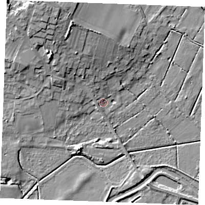 Shaded relief map of the ground around PE339TB, computed from Environment Agency LiDAR. The ground here sits at about 4 m above sea level and falls 18 m across the surrounding 800 m. Surface water reaching this point runs off ground lying to the north-north-west, 14.6 m higher.