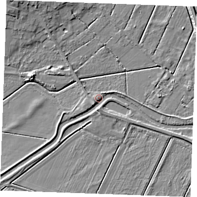 Shaded relief map of the ground around PE339TD, computed from Environment Agency LiDAR. The ground here sits at about 3 m above sea level and falls 10 m across the surrounding 800 m. Surface water reaching this point runs off ground lying to the south, 3.8 m higher.
