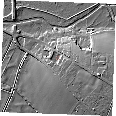 Shaded relief map of the ground around PE339TS, computed from Environment Agency LiDAR. The ground here sits at about 10 m above sea level and falls 25 m across the surrounding 800 m. Surface water reaching this point runs off ground lying to the east-south-east, 15.8 m higher.