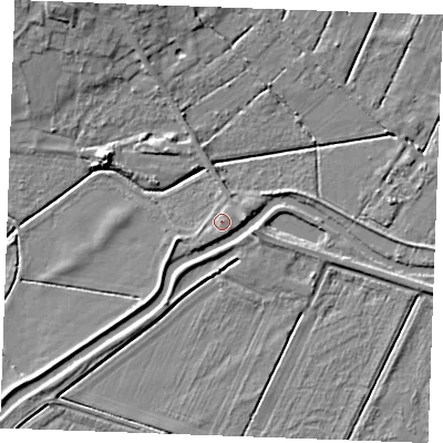 Shaded relief map of the ground around PE339UE, computed from Environment Agency LiDAR. The ground here sits at about 4 m above sea level and falls 9 m across the surrounding 800 m. Surface water reaching this point runs off ground lying to the north-east, 1.5 m higher.