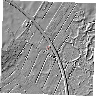 Shaded relief map of the ground around PE339UF, computed from Environment Agency LiDAR. The ground here sits at about 3 m above sea level and falls 10 m across the surrounding 800 m. Surface water reaching this point runs off ground lying to the west, 8.7 m higher.