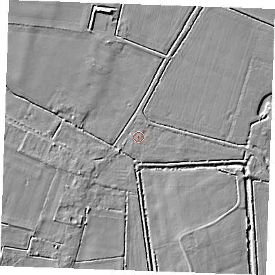 Shaded relief map of the ground around PE339UP, computed from Environment Agency LiDAR. The ground here sits at about 5 m above sea level and falls 7 m across the surrounding 800 m. Surface water reaching this point runs off ground lying to the north-north-east, 1.2 m higher.